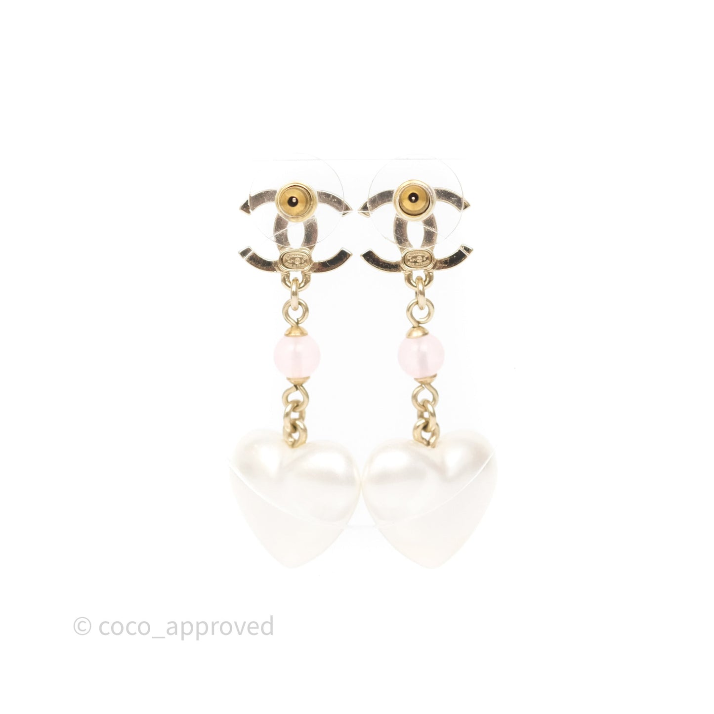 Chanel CC Pink Bead Heart Pearl Crystal CC Drop Earrings Gold Tone 21B