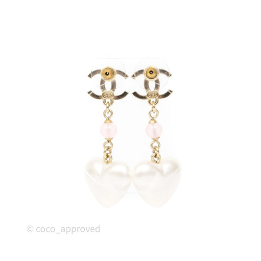 Chanel CC Pink Bead Heart Pearl Crystal CC Drop Earrings Gold Tone 21B