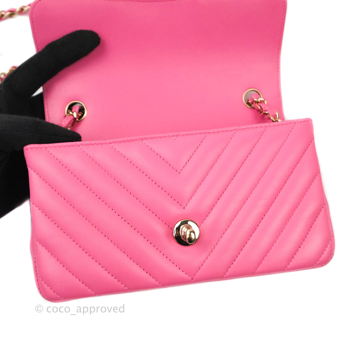 Chanel Chevron Mini Rectangular Lambskin Flap Pink Gold Hardware