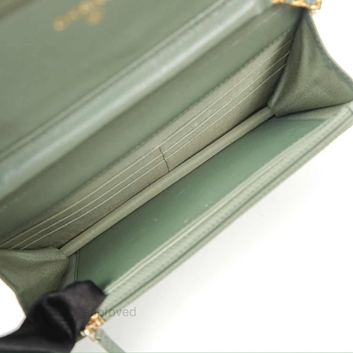 Chanel Classic Quilted Wallet On Chain WOC Glitter Dark Tiffany Green Caviar Aged Gold Hardware