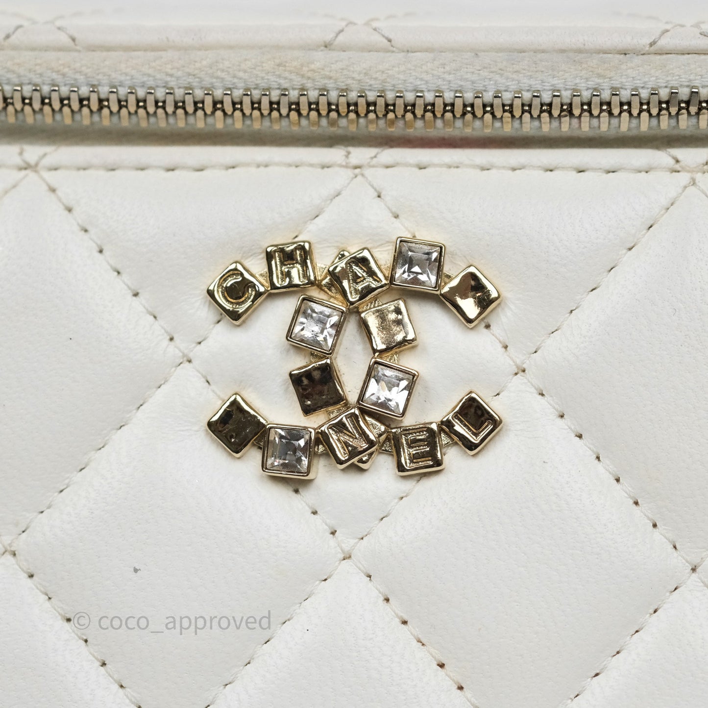 Chanel Logo Crystals Top Handle Vanity Rectangular White Lambskin Gold Hardware