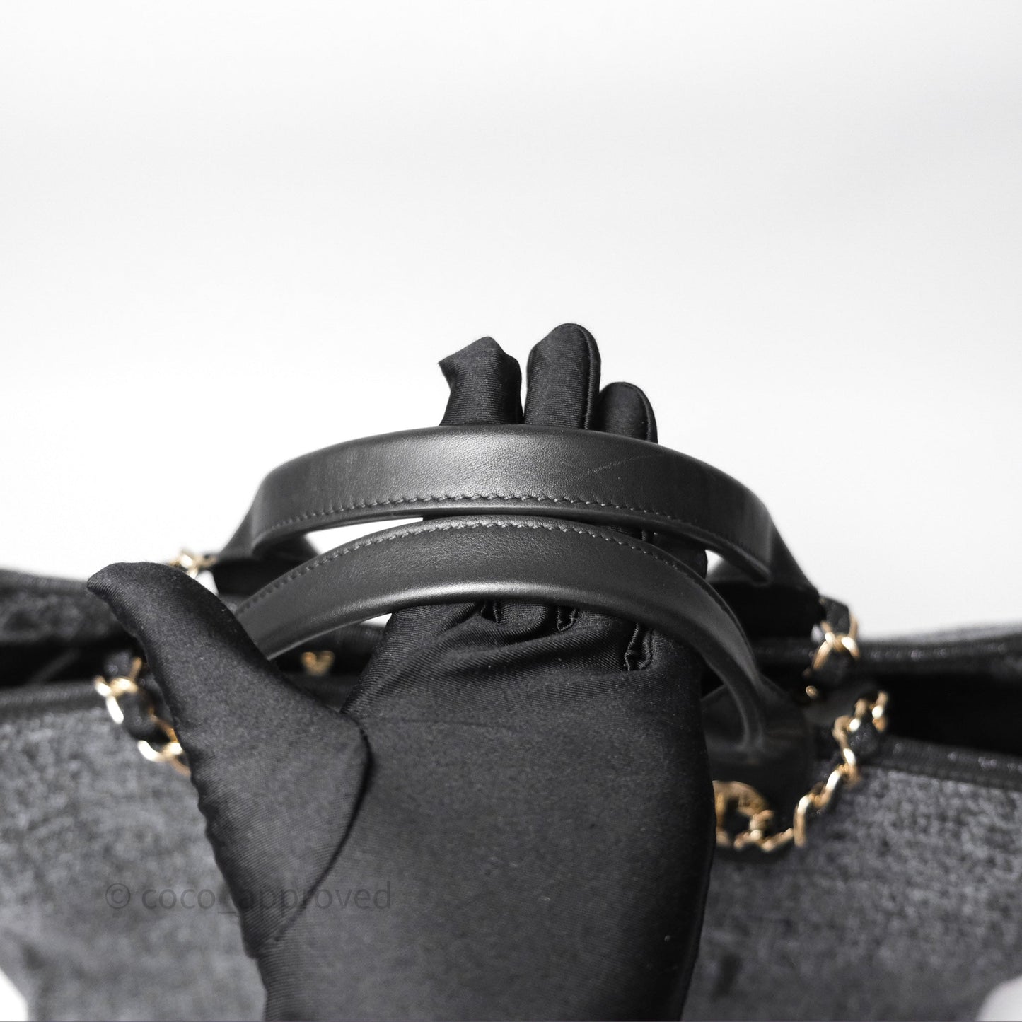 Chanel Large Deauville Glitter Black Grey Raffia Gold Hardware