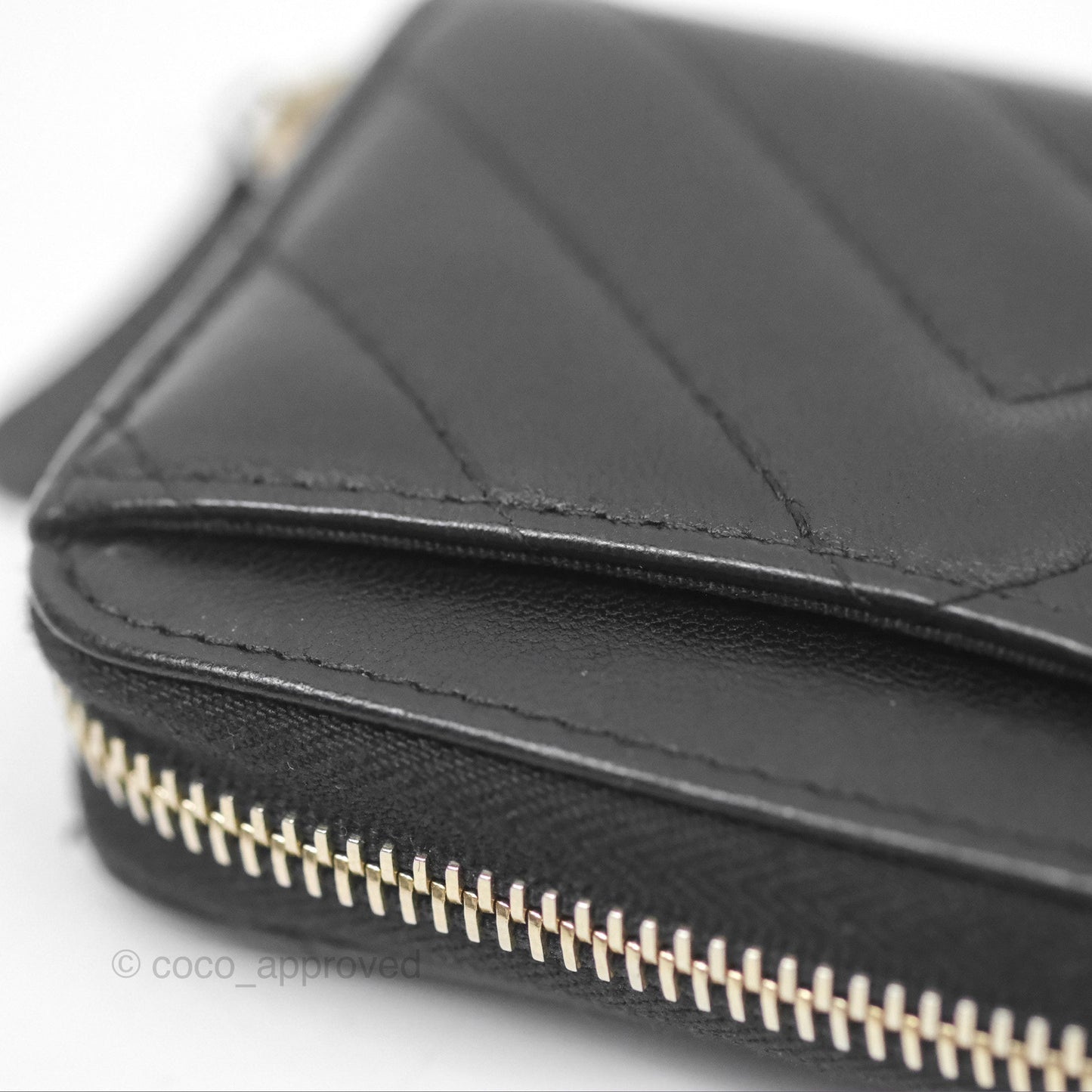 Chanel Chevron Zipped Coin Purse Black Lambskin Gold Hardware