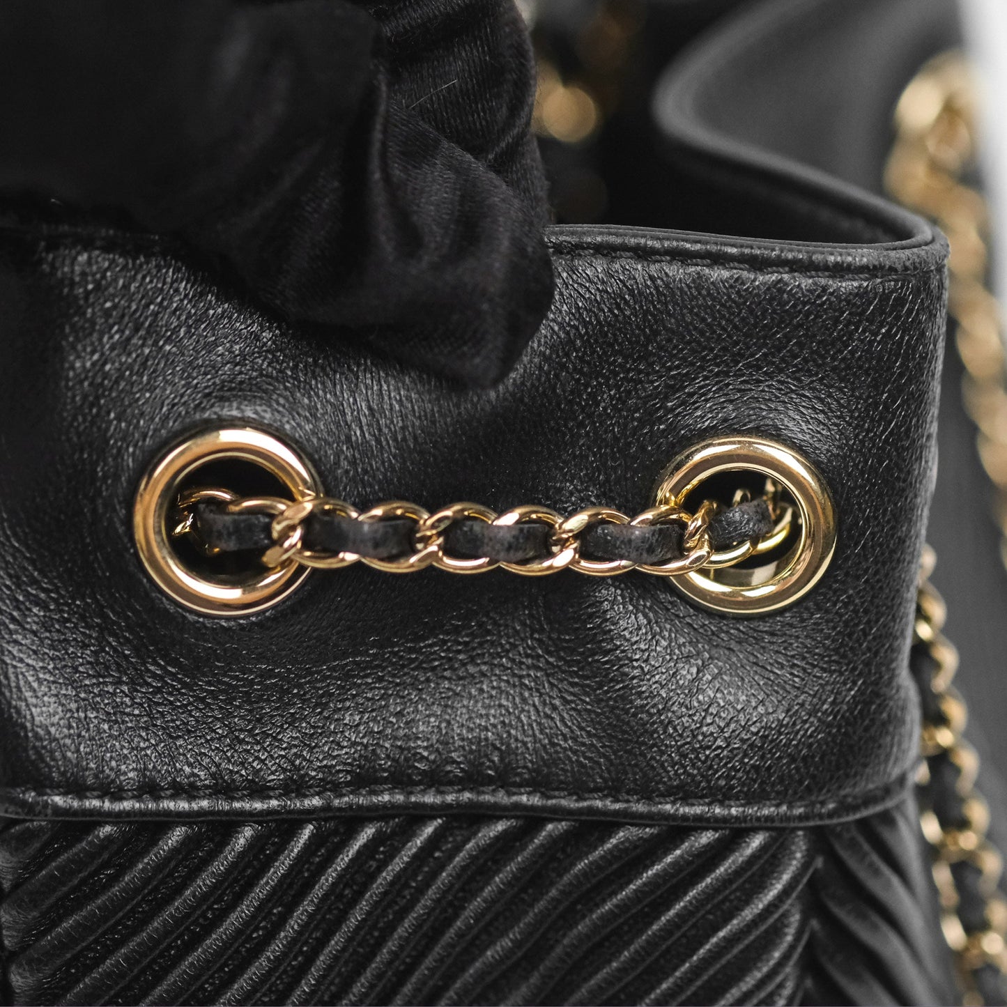 Chanel CC Chain Drawstring Bucket Bag Chevron Black Lambskin Gold Hardware
