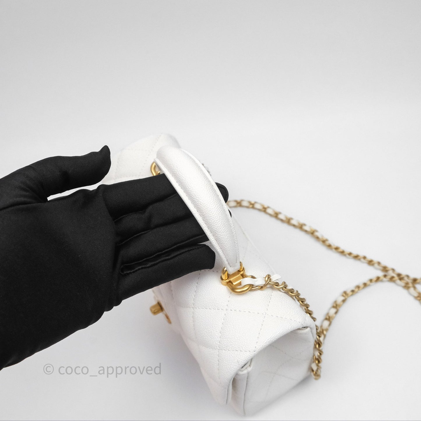 Chanel Top Handle Mini Rectangular Flap Bag Ivory White Caviar Aged Gold Hardware
