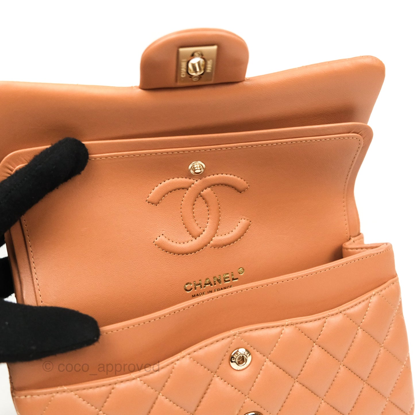 Chanel Small Classic Quilted Flap Dark Beige Caramel Lambskin Gold Hardware