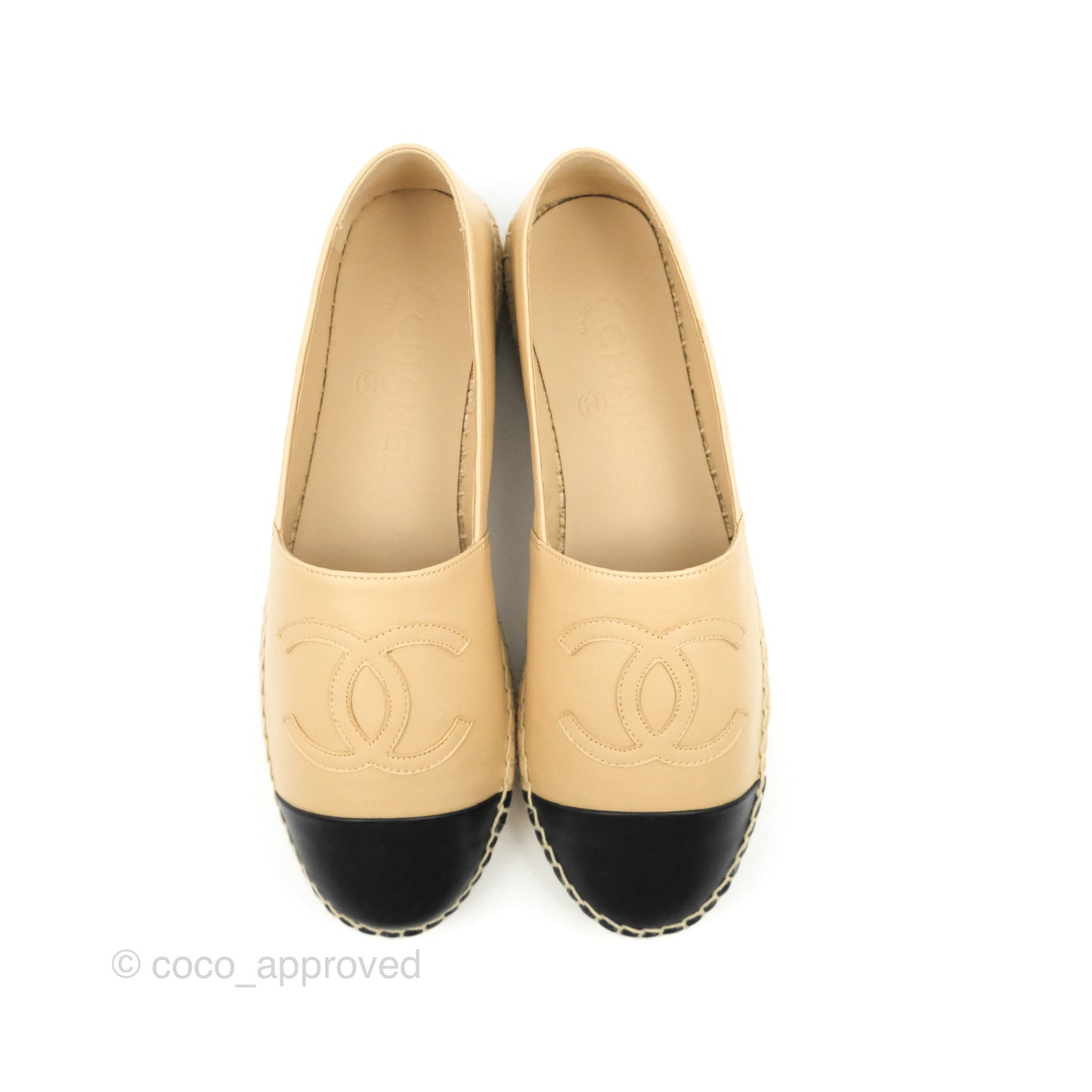 Chanel CC Espadrilles Beige Black Lambskin Size 38