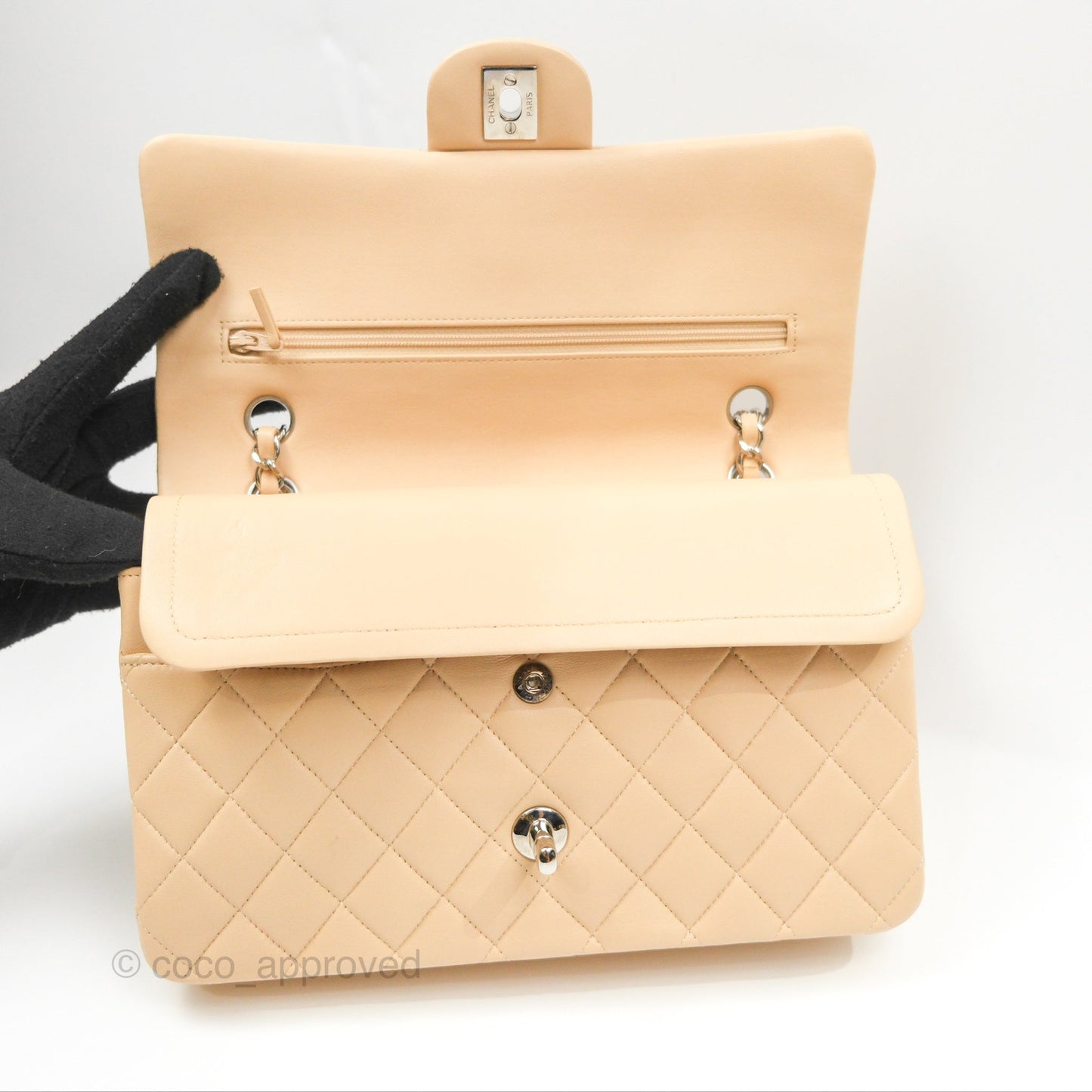 Chanel Classic M/L Medium Flap Quilted Beige Lambskin Silver Hardware