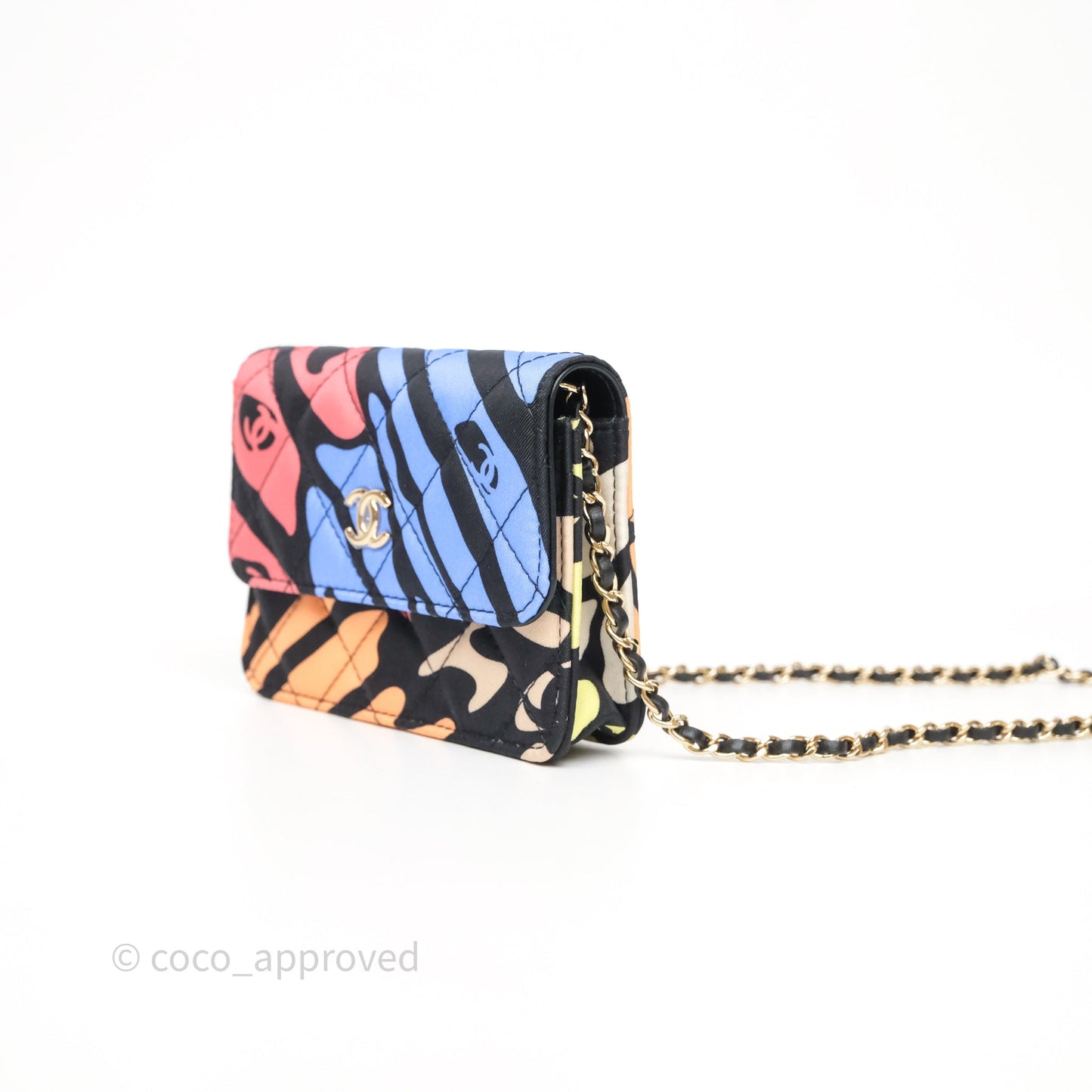 Chanel Mini Wallet With Chain CC Floral Printed Fabric Gold Hardware