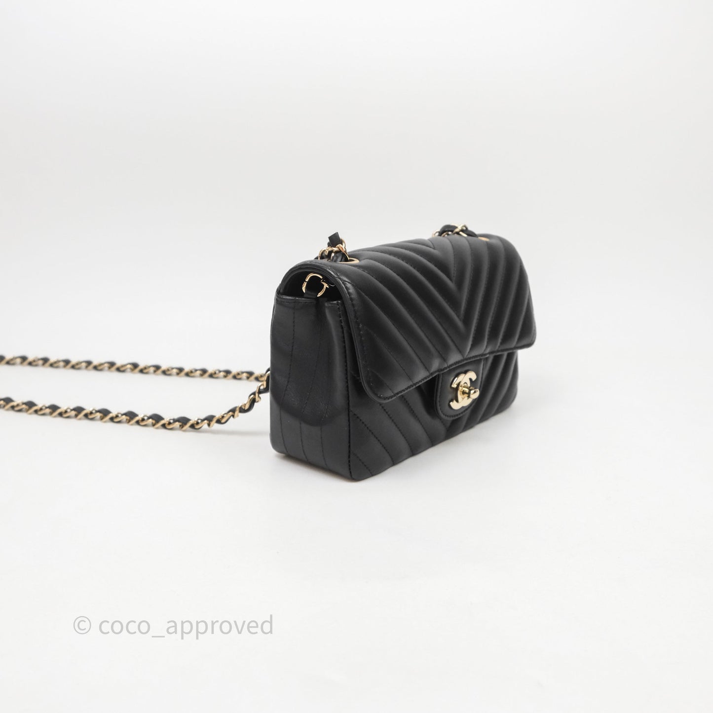 Chanel Quilted Mini Rectangular Chevron Black Lambskin Gold Hardware