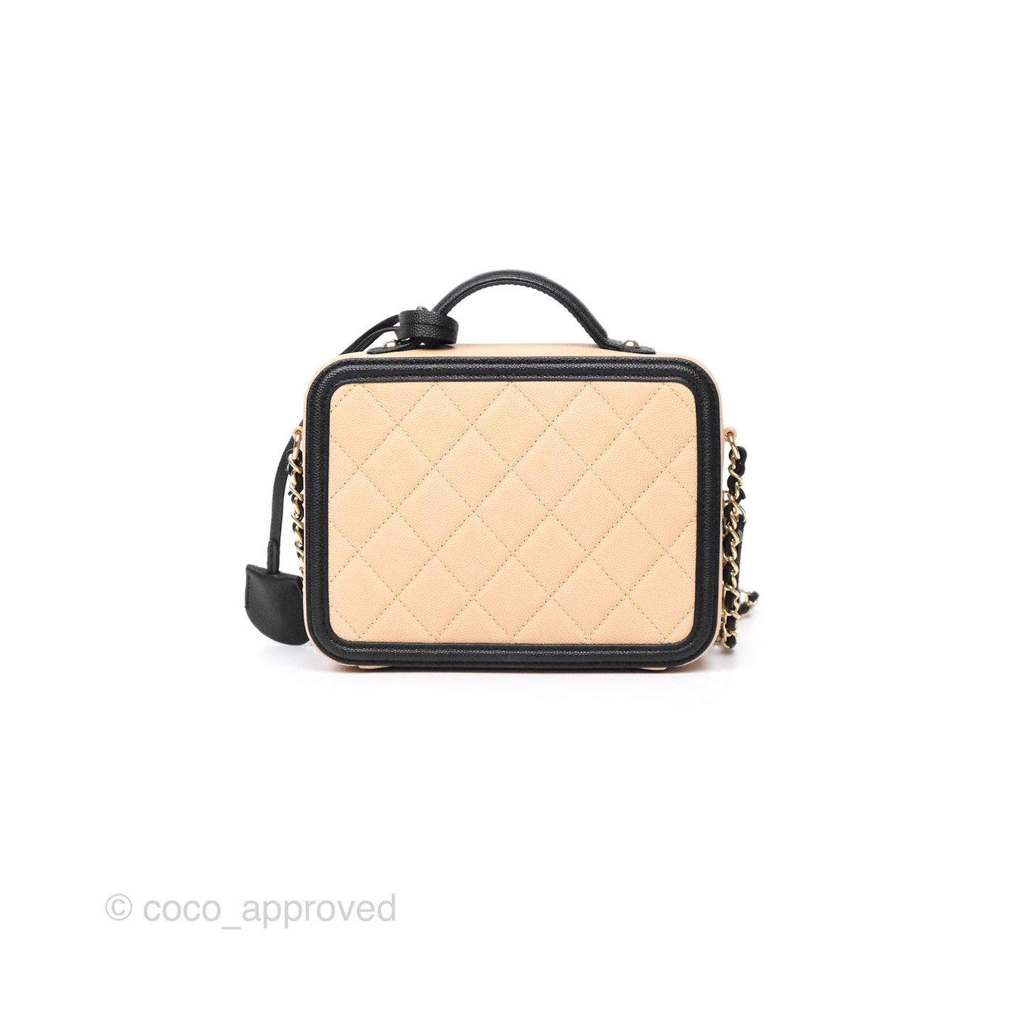 Chanel Quilted Small CC Filigree Vanity Case Black Beige Caviar Gold Hardware