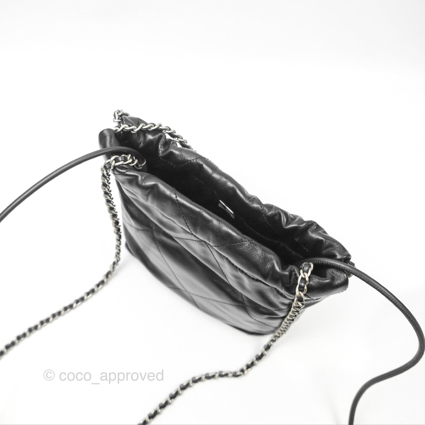 Chanel 22 Mini Bag Black Shiny Crumpled Calfskin Matte Silver Hardware