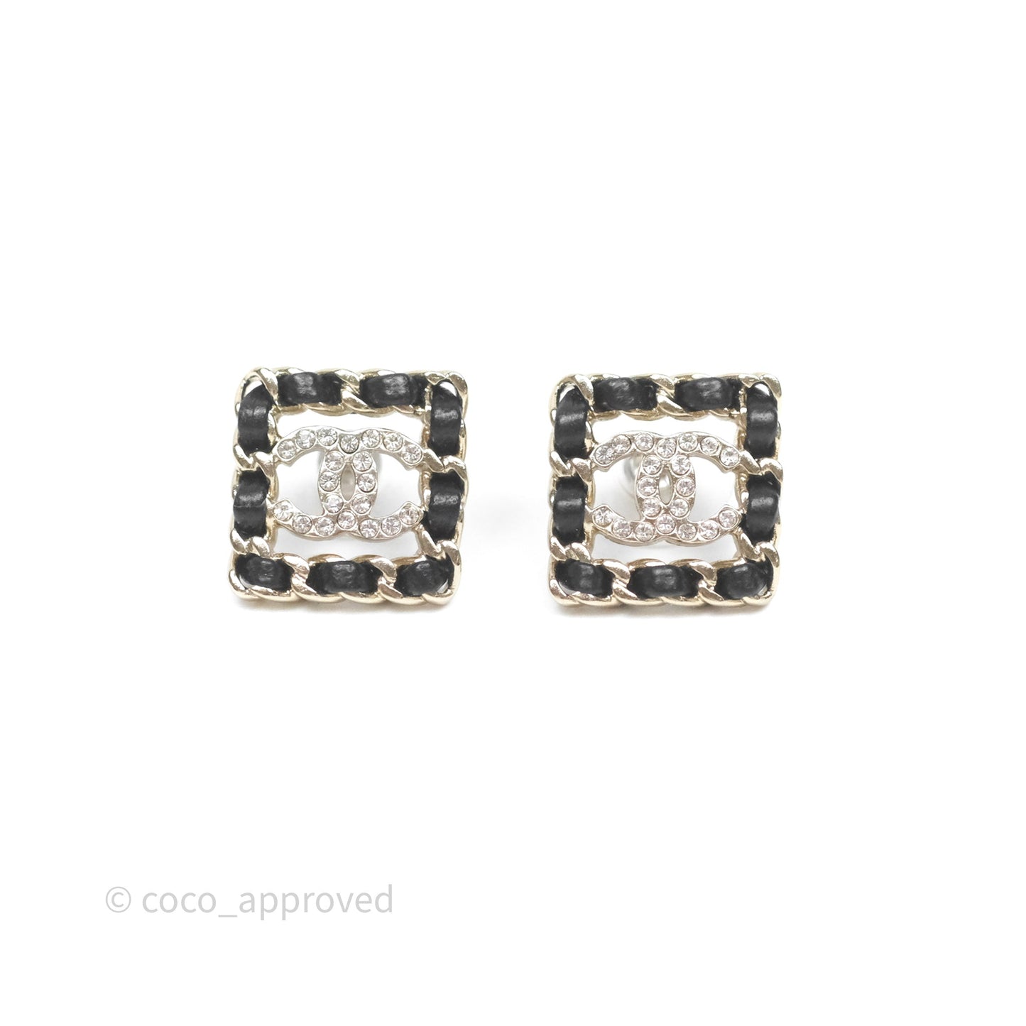 Chanel Square Crystal CC Braided Black Leather Earrings Gold Tone 20B