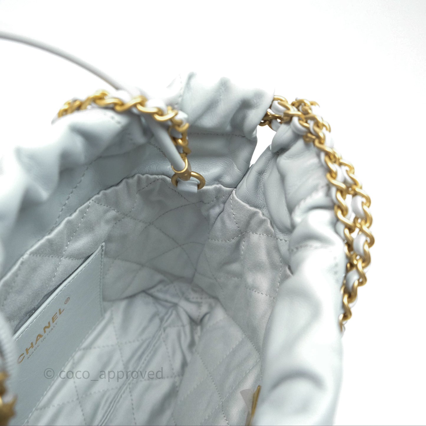 Chanel 22 Mini Bag Blue Grey Shiny Crumpled Calfskin Aged Gold Hardware