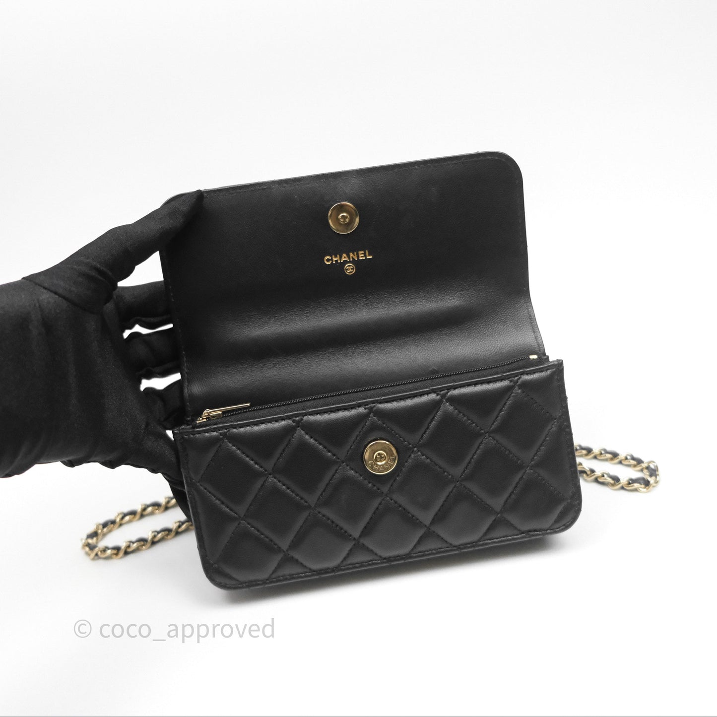 Chanel Camellia Handle Mini WOC Phone Holder with Chain Black Lambskin 23K