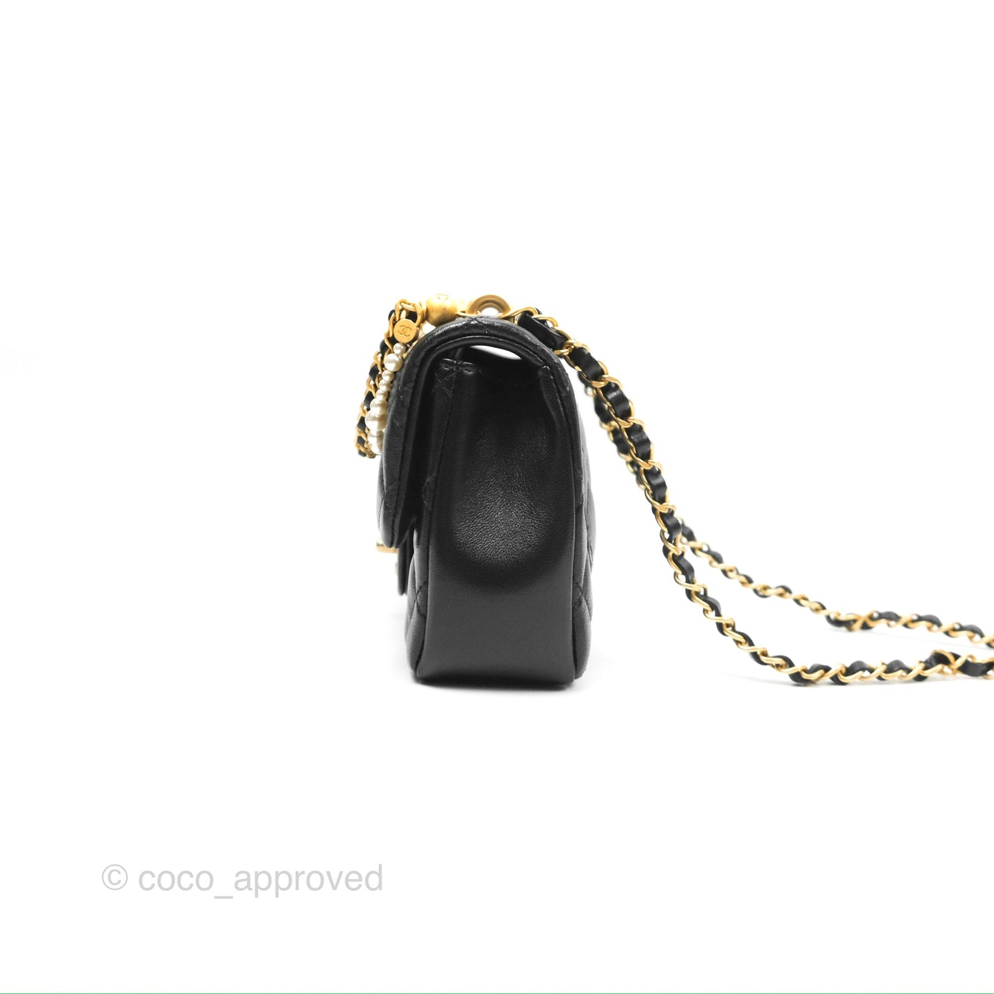 Chanel Mini Flap Bag with Pearl Chain Black Shiny Lambskin Aged Gold Hardware 24P