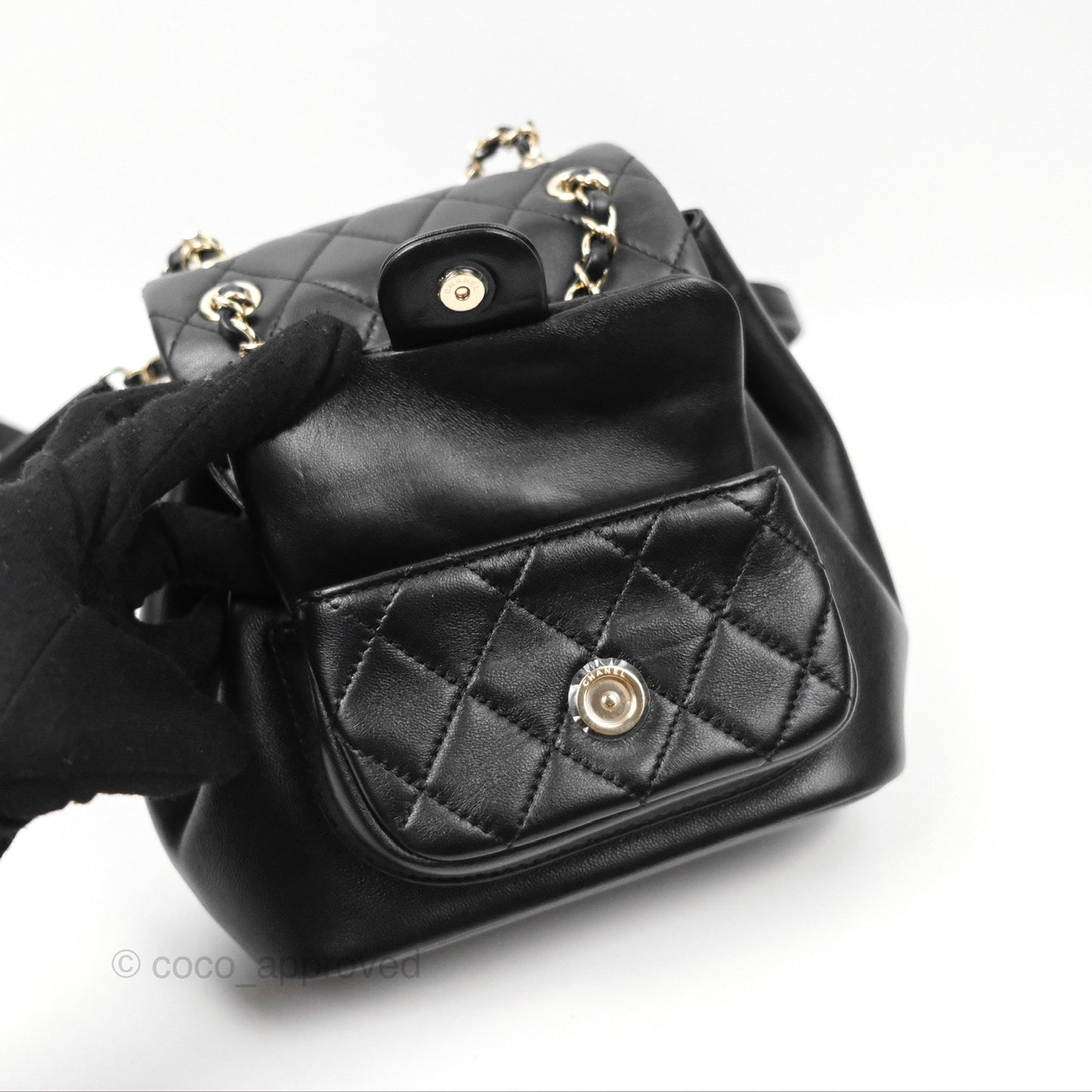 Chanel Quilted Small Duma Drawstring Backpack Black Lambskin Gold Hardware