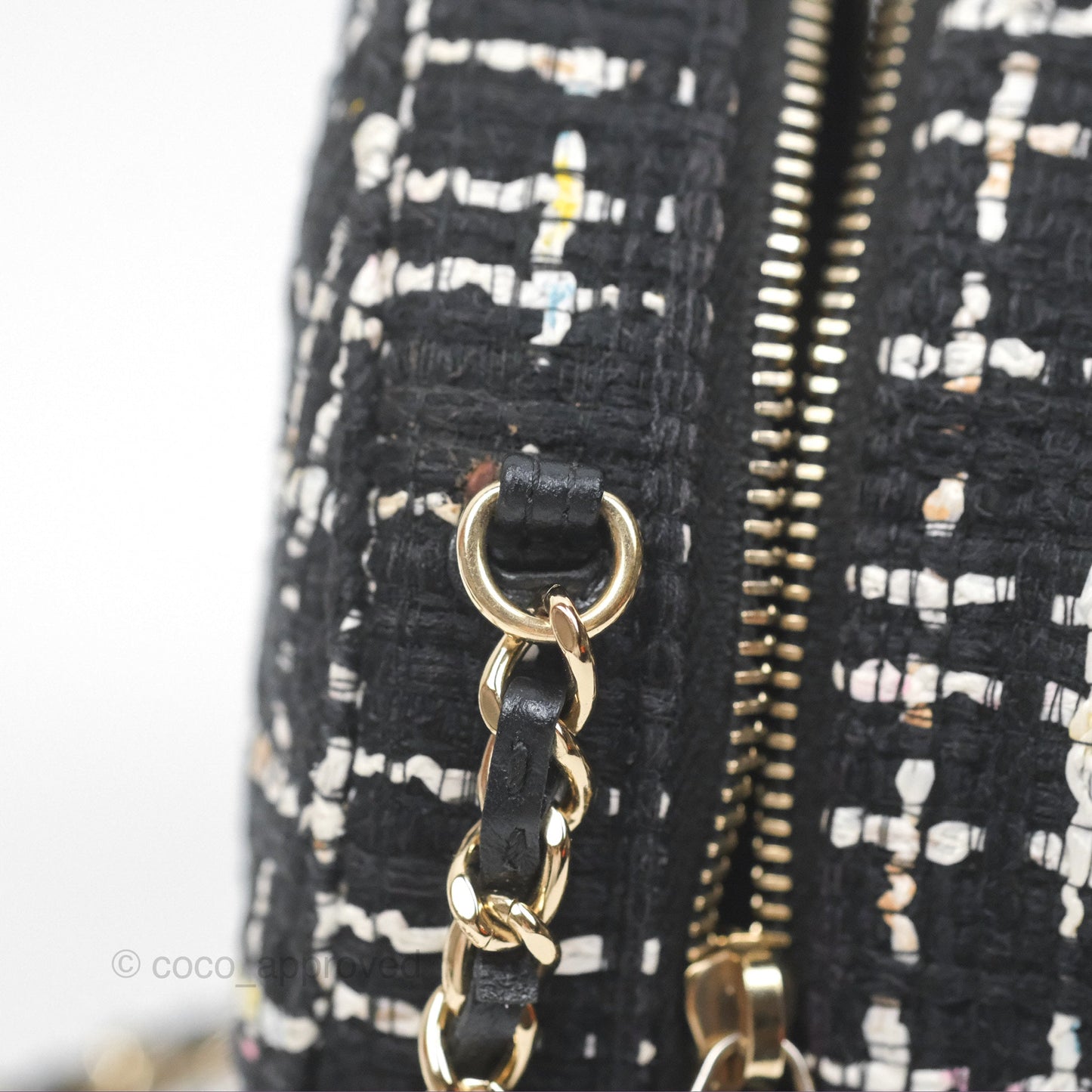 Chanel Classic Quilted Round Clutch With Chain Black Tweed Gold Hardware