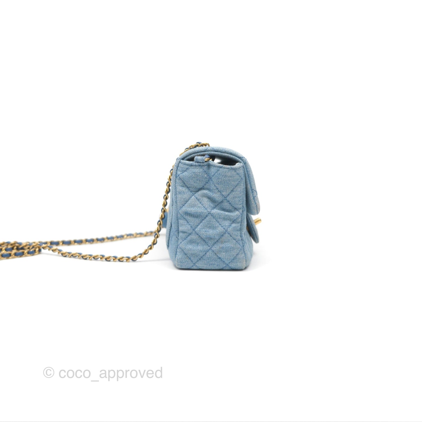 Chanel Mini Square Pearl Crush Quilted Denim Aged Gold Hardware