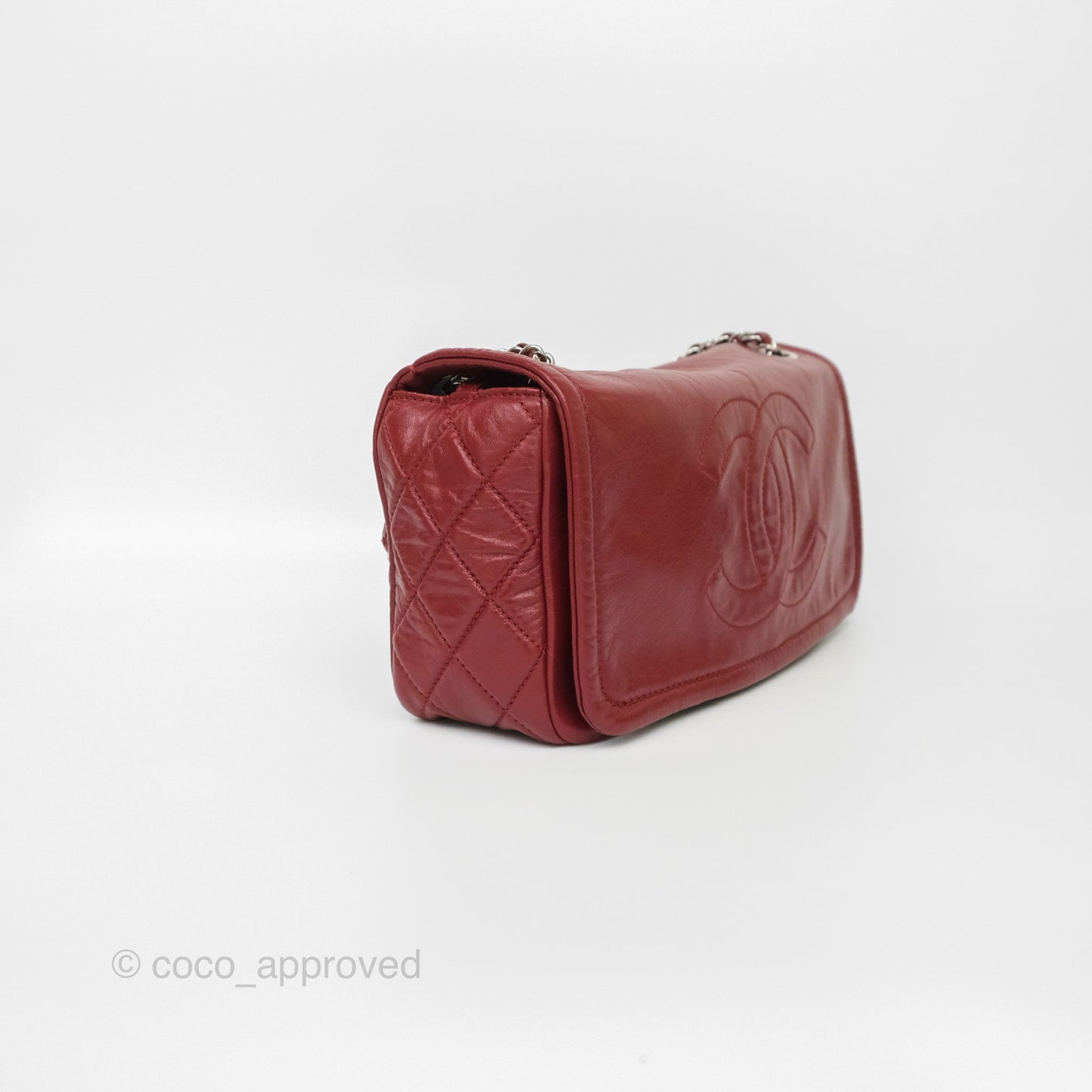 Chanel CC Flap Shoulder Bag Dark Red Crumpled Leather Silver Hardware
