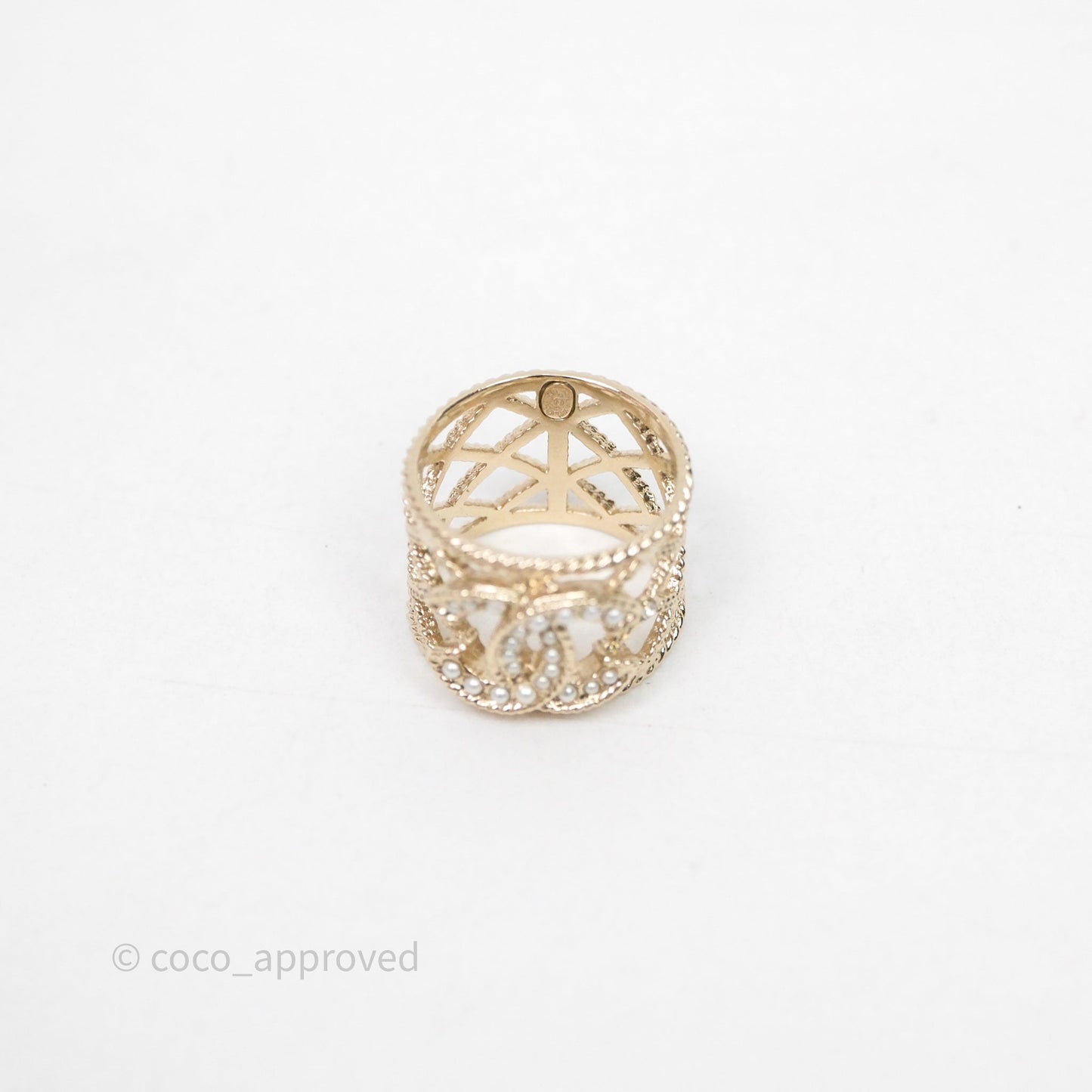 Chanel Pearl CC Ring Gold Tone 19C