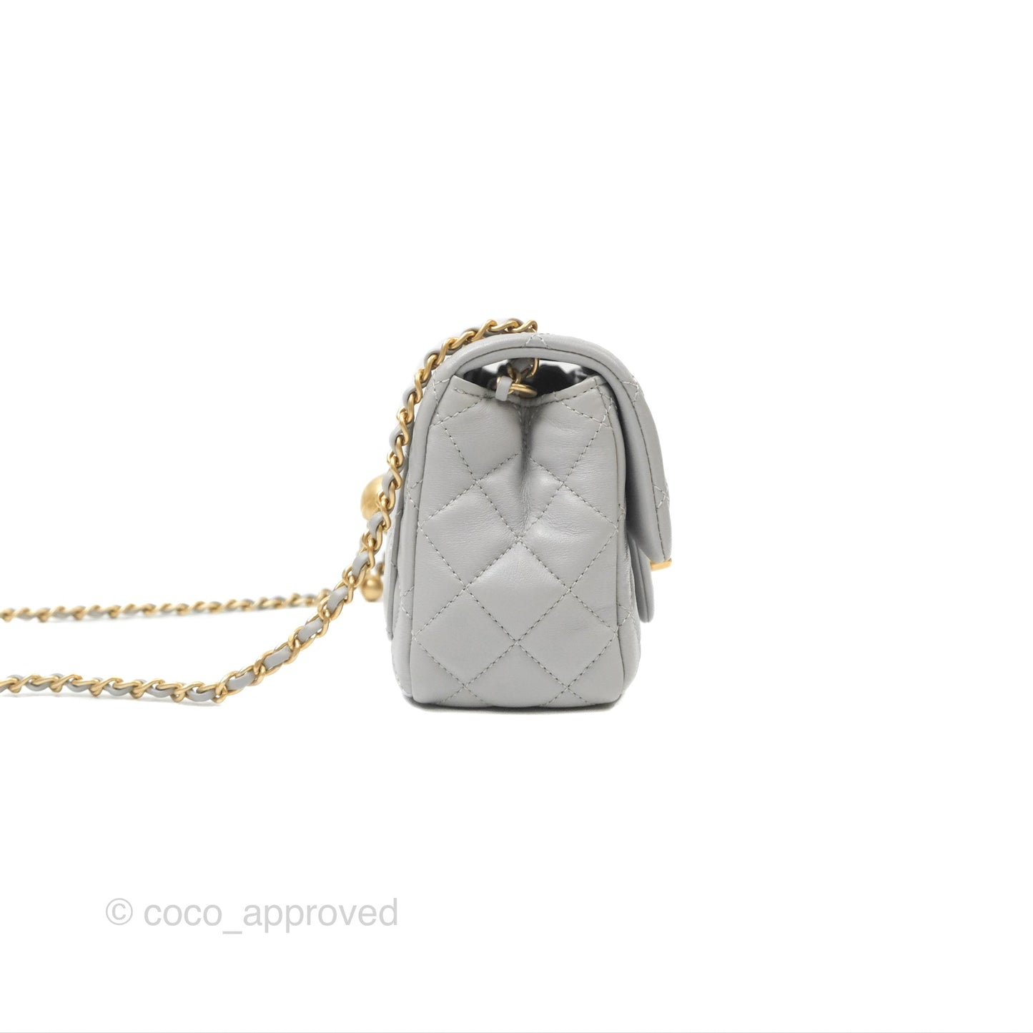 Chanel Pearl Crush Mini Square Quilted Light Grey Lambskin Aged Gold Hardware