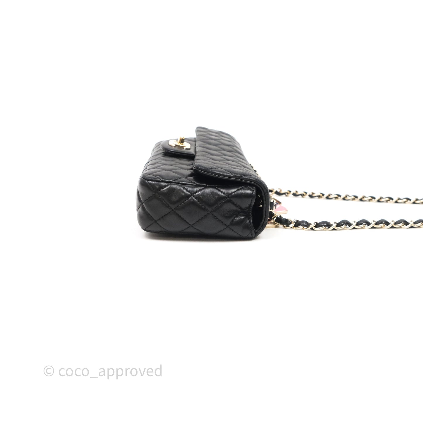 Chanel Quilted East West With Charm Flap Bag Lambskin Black Gold Hardware
