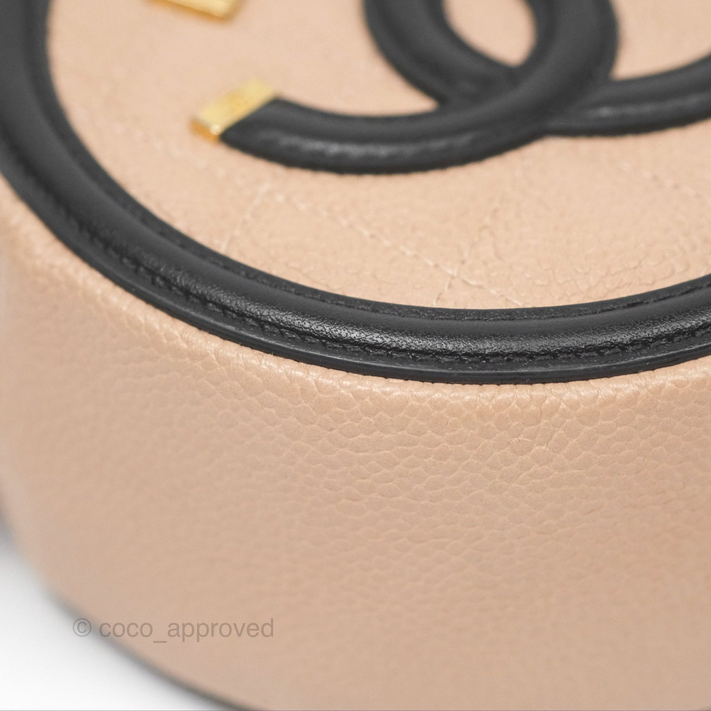 Chanel Quilted Round Filigree Clutch With Chain Beige Black Caviar Gold Hardware