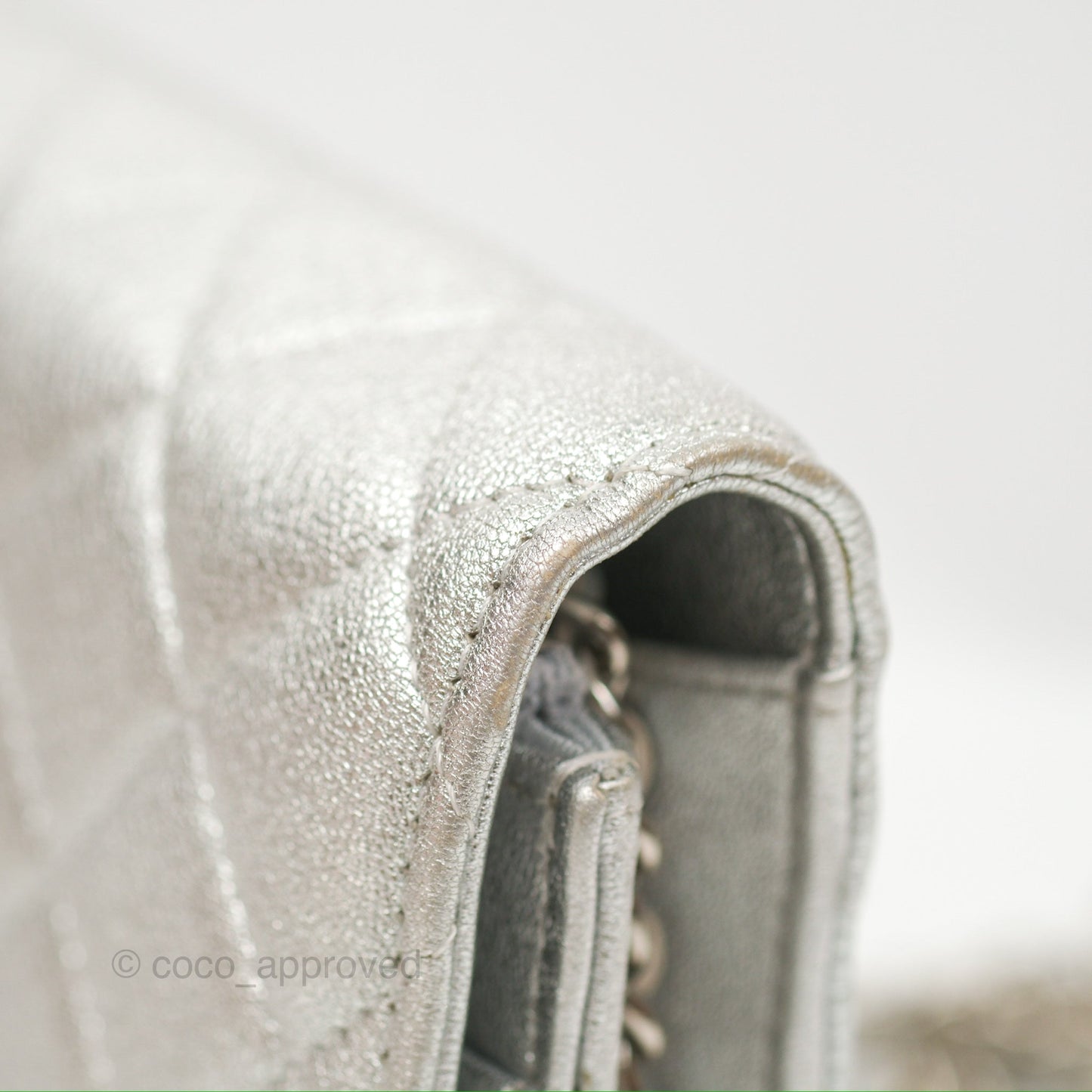 Chanel Quilted Wallet on Chain WOC Iridescent Silver Grained Lambskin Silver Hardware
