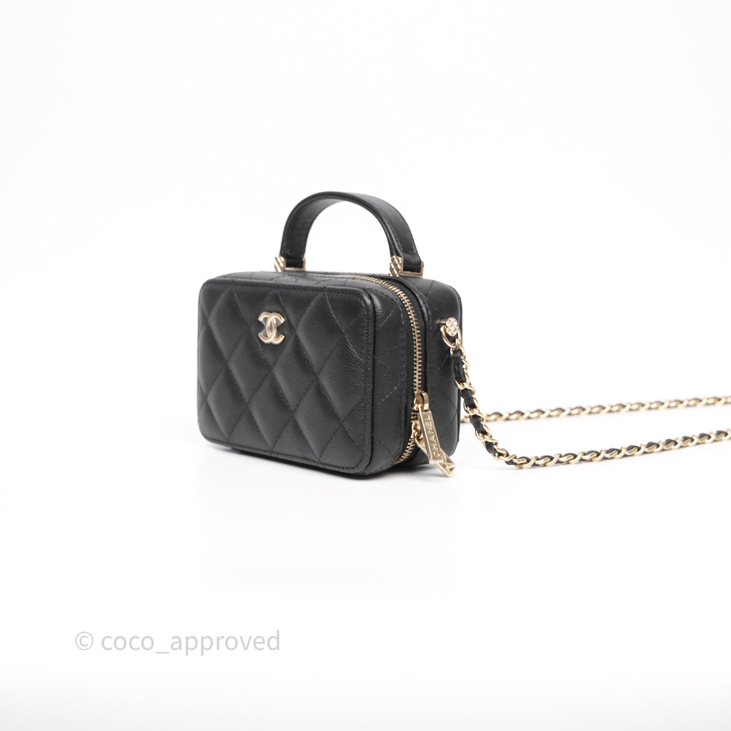 Chanel Quilted Top Handle Mini Vanity Case Black Caviar Gold Hardware