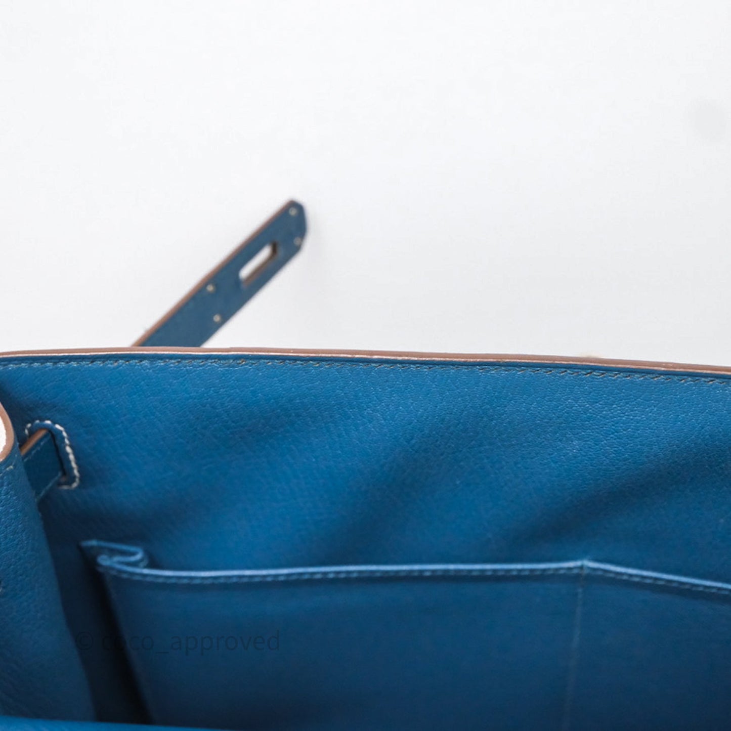 Hermès Kelly 32 Sellier Bleu Thalassa 7A/ White Epsom Palladium Hardware