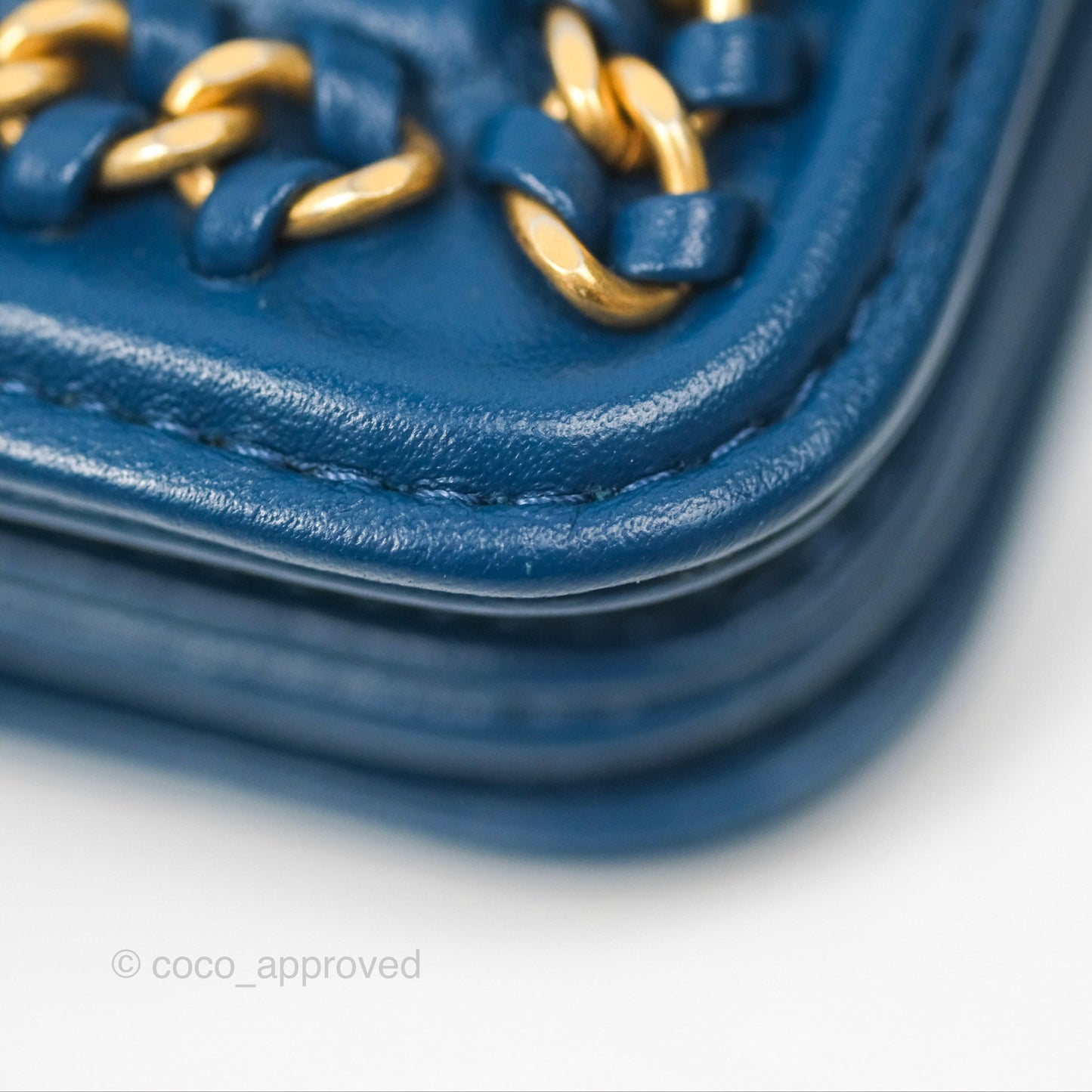Chanel Quilted Boy Wallet on Chain WOC Blue Calfskin Aged Gold Hardware
