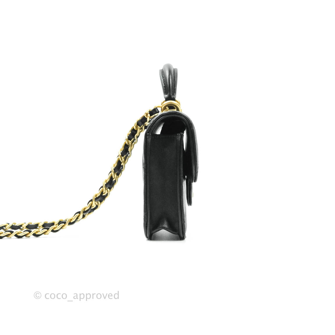 Chanel Mini Handle Flap Coin Purse With Chain Black Lambskin Gold Hardware