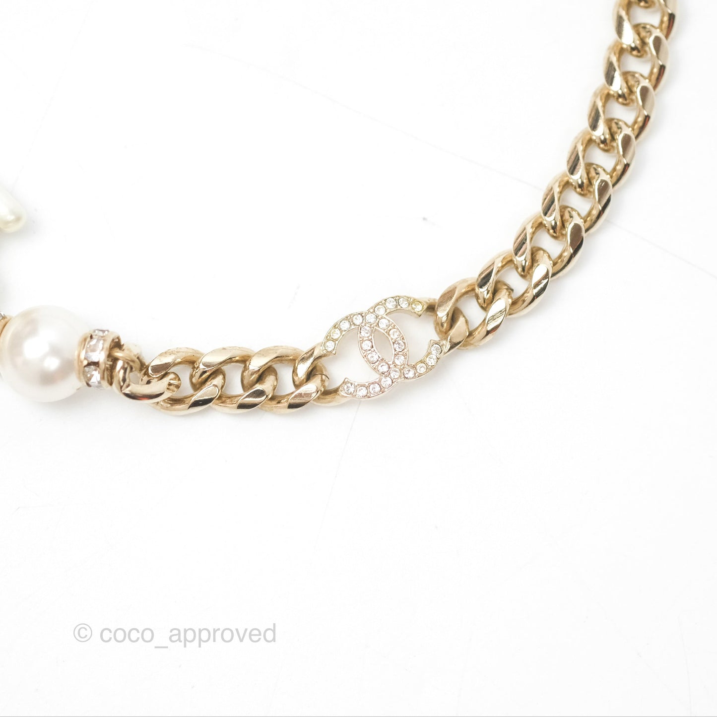 Chanel No5 Perfume Bottle Crystal Pearl Chain Choker Necklace Gold Tone 22S