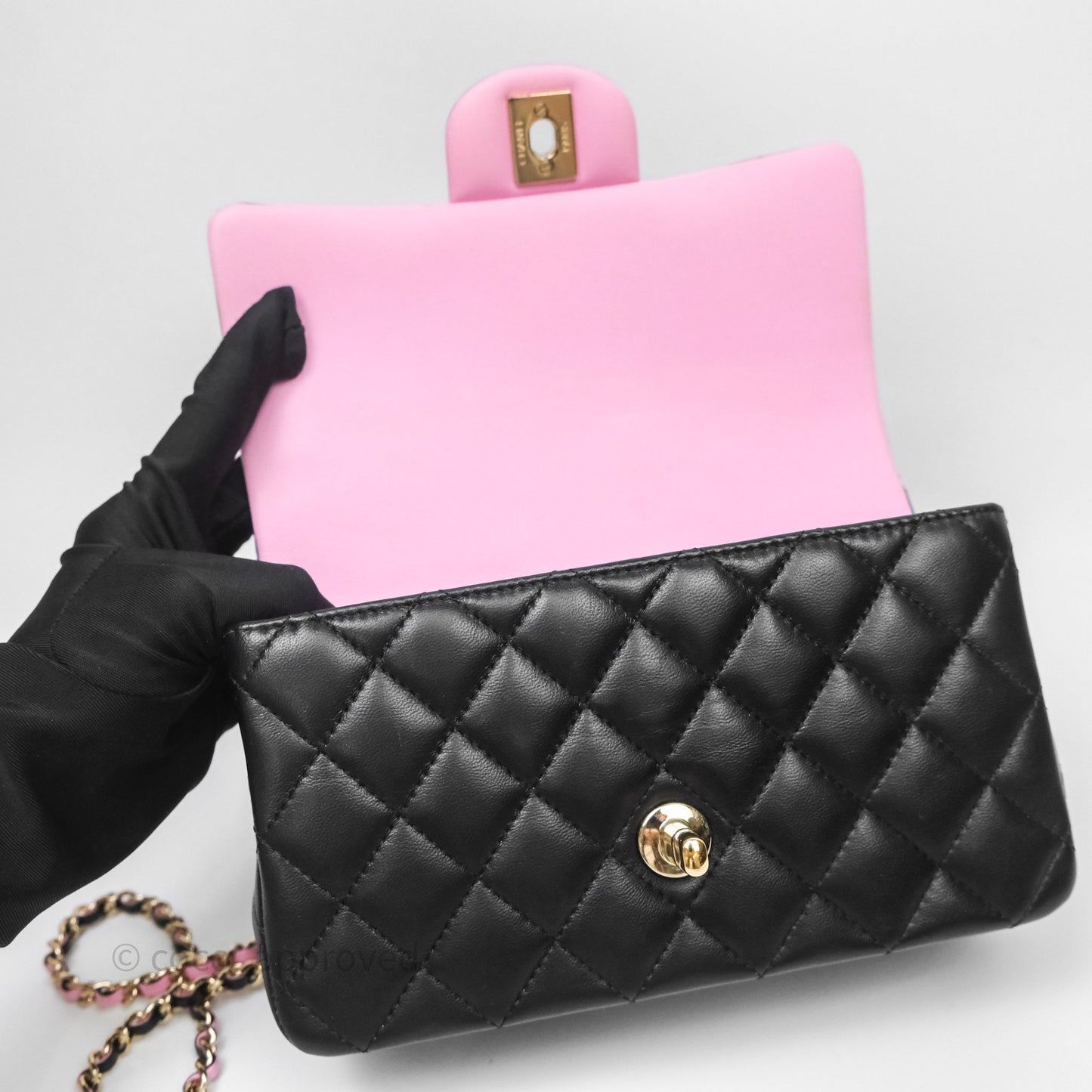 Chanel Top Handle Mini Rectangular Flap Black/Pink Lambskin Gold Hardware 23P