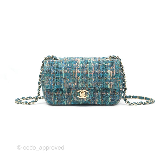 Chanel Mini Rectangular Flap Teal Tweed Gold Hardware