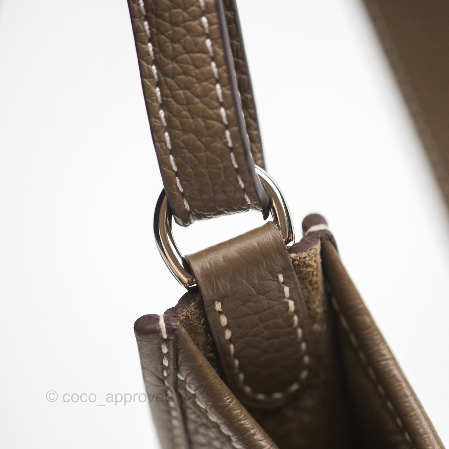 Hermès Mini Evelyne 16 Etoupe 18 Clemence Palladium Hardware with Bleu Indigo Strap