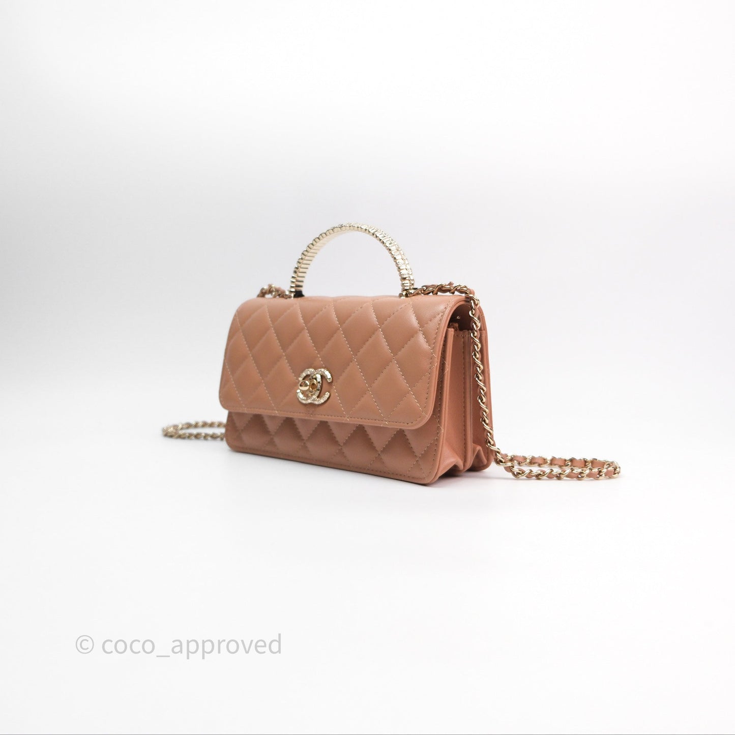 Chanel Mini Crystal Top Handle Wallet On Chain WOC Dark Beige Lambskin Gold Hardware