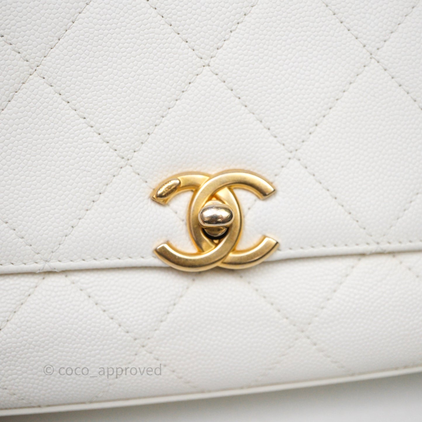 Chanel Bracelet On Chain Small Flap Bag White Caviar Aged Gold Hardware