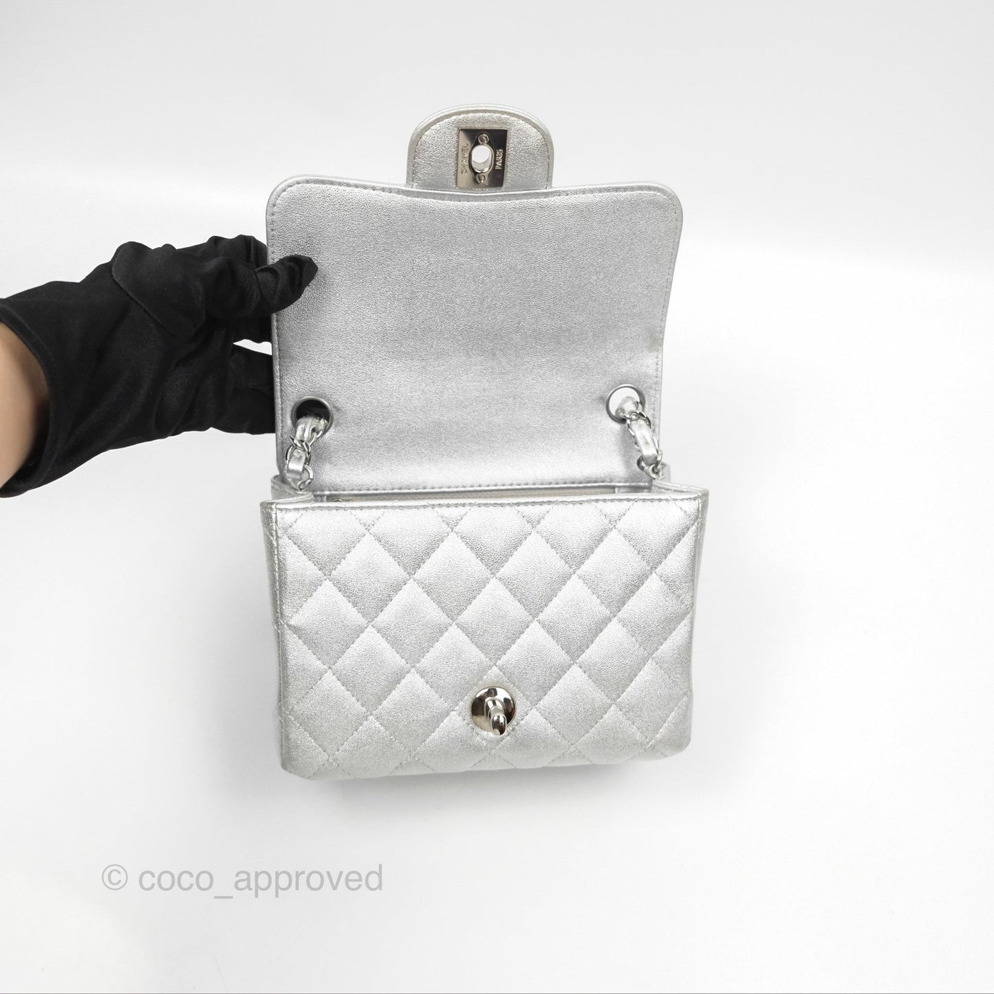 Chanel Classic Quilted Mini Square Flap Silver Lambskin Silver Hardware