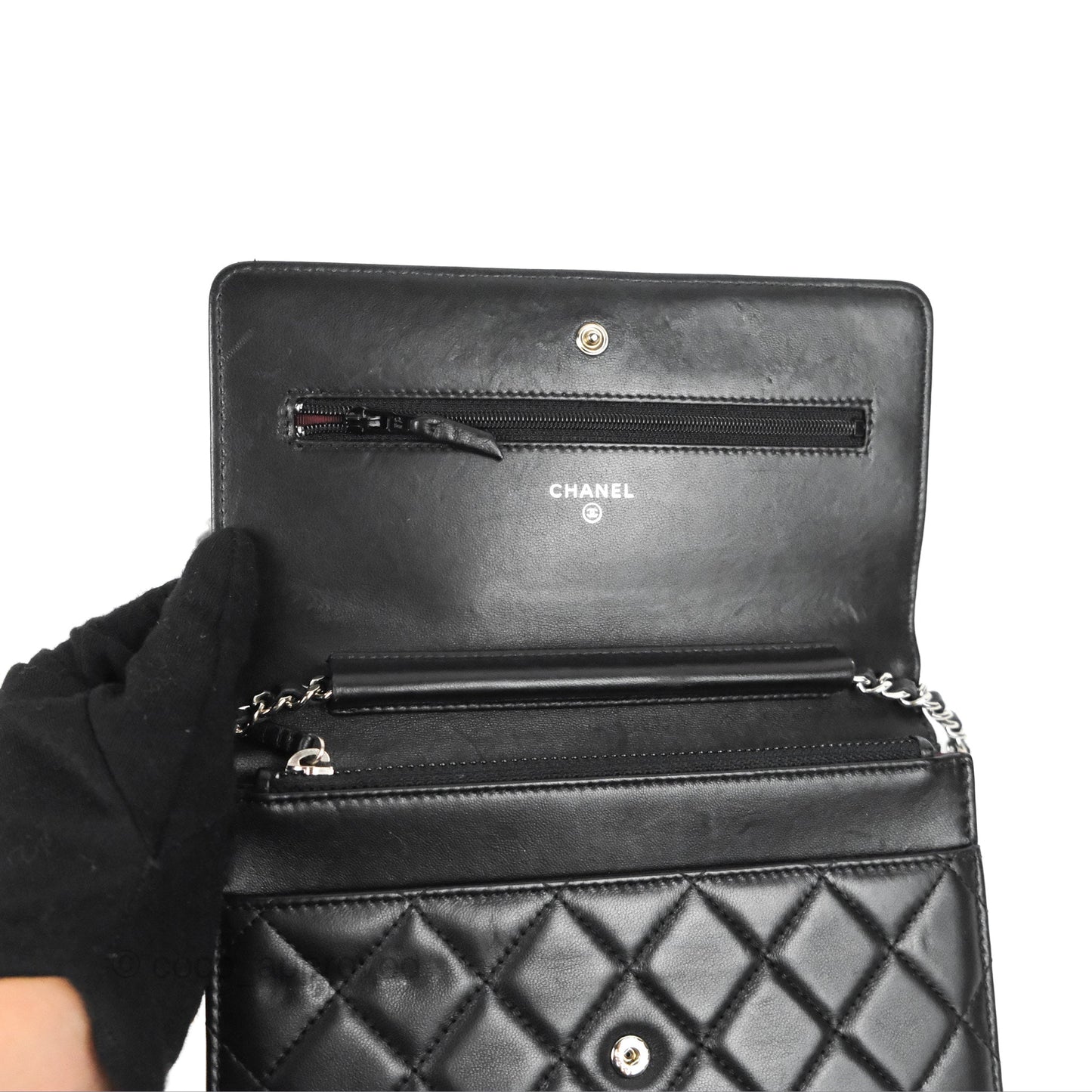 Chanel Quilted Classic Wallet On Chain WOC Black Lambskin Silver Hardware