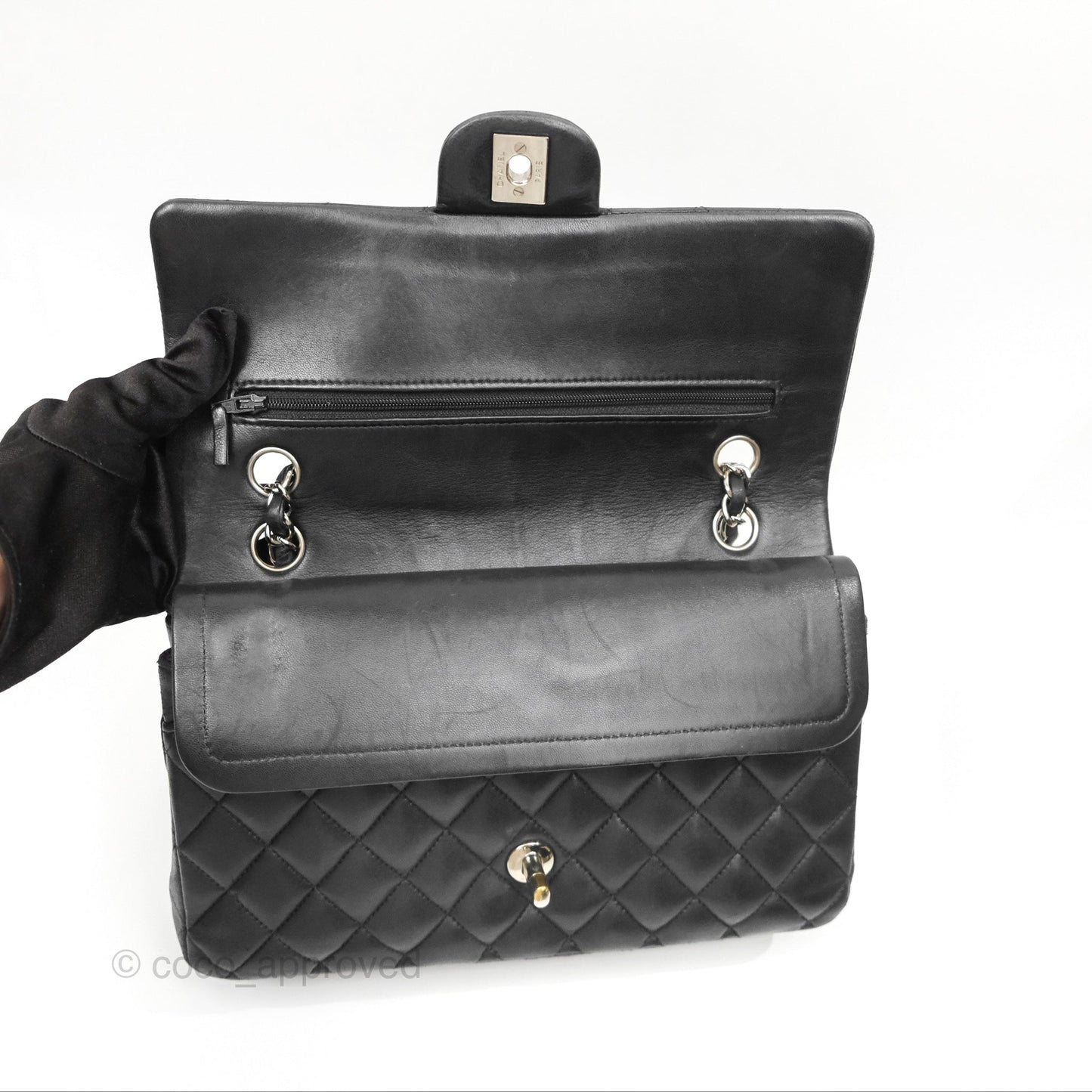 Chanel Classic M/L Medium Flap Quilted Black Lambskin Silver Hardware