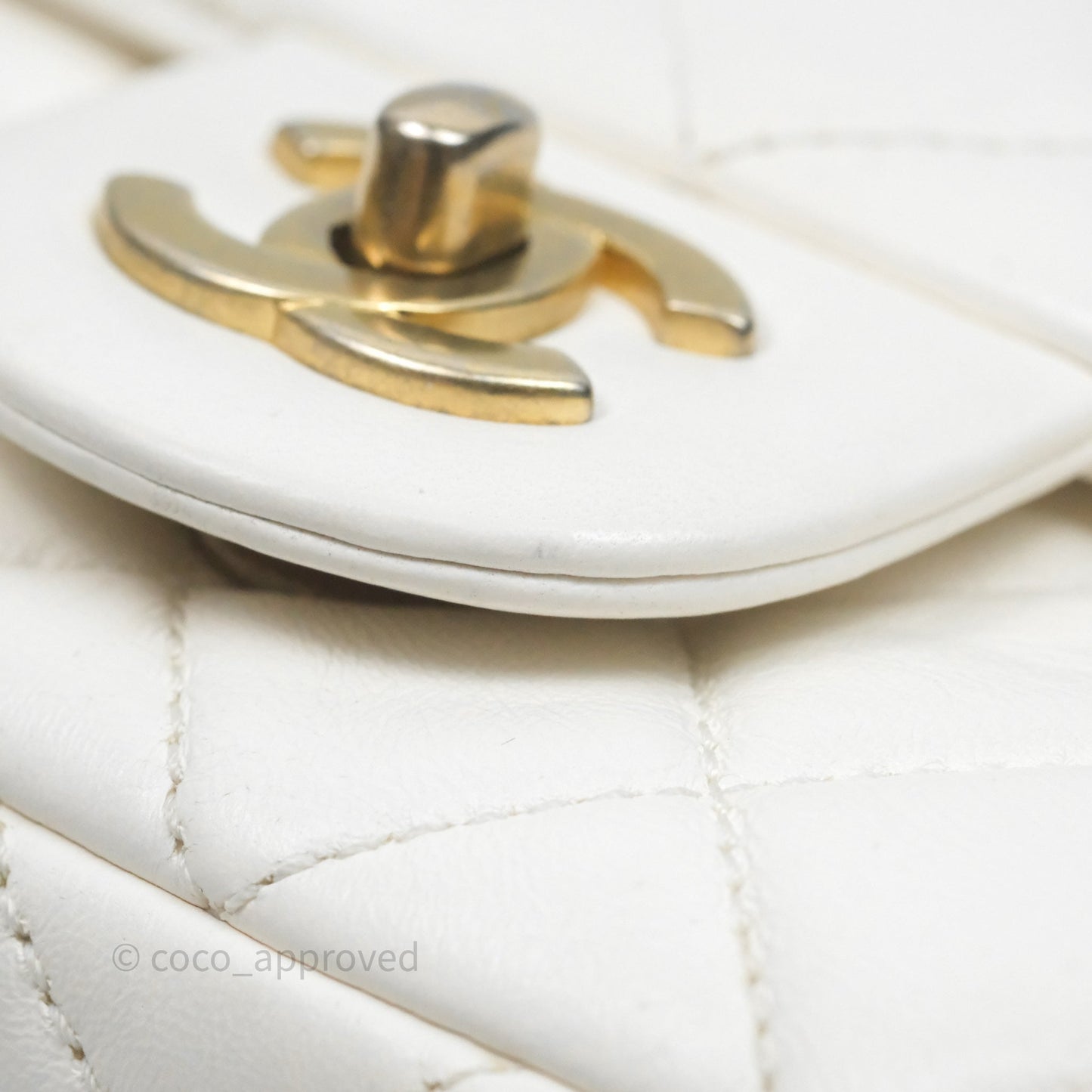 Chanel Mini Rectangular Pearl Crush Quilted White Lambskin Aged Gold Hardware