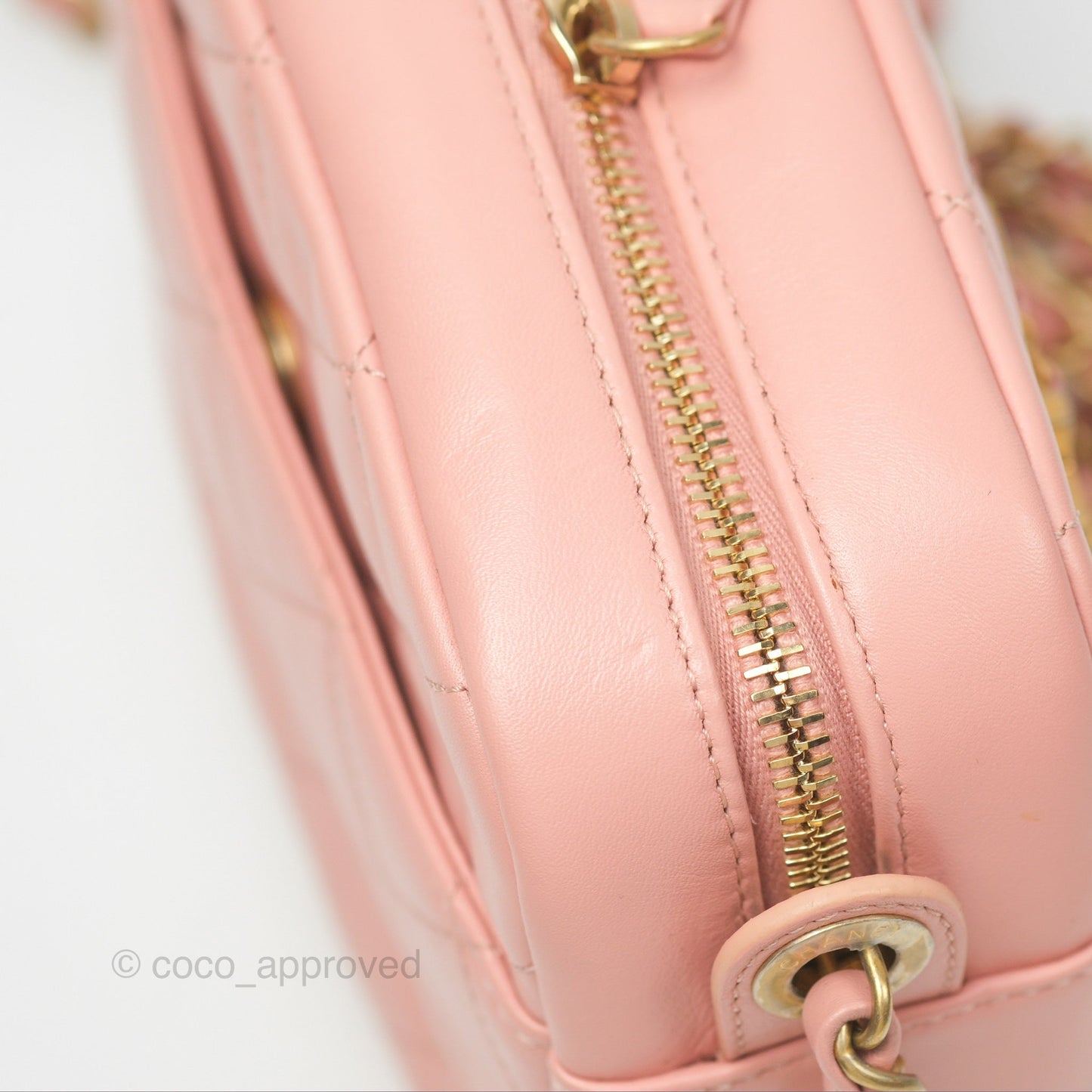 Chanel Logo Enchained Camera Bag Pink Calfskin Aged Gold Hardware