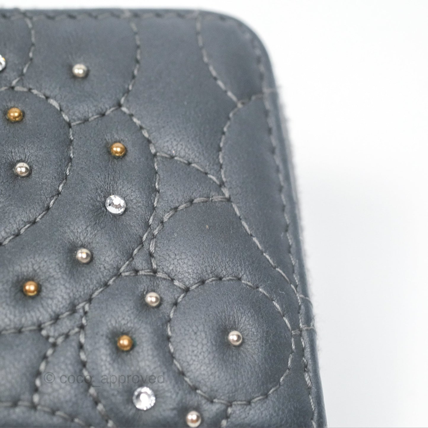 Chanel Camellia Crystal Studded Zipped Coin Purse Grey Silver Hardware