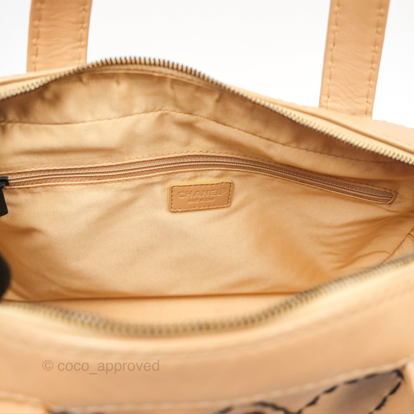 Chanel Contrast Stitch Surpique Bowler Bag Beige Calfskin Matte Black Hardware