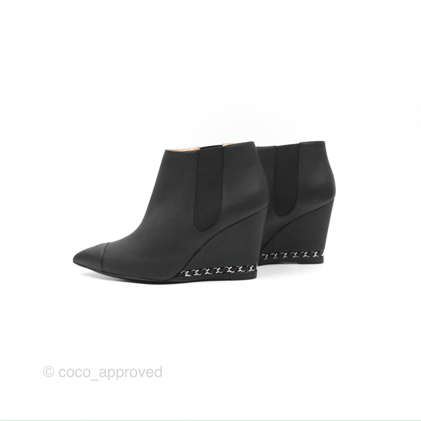 Chanel CC Pointy Toe Chain Wedge Ankle Boots Black
