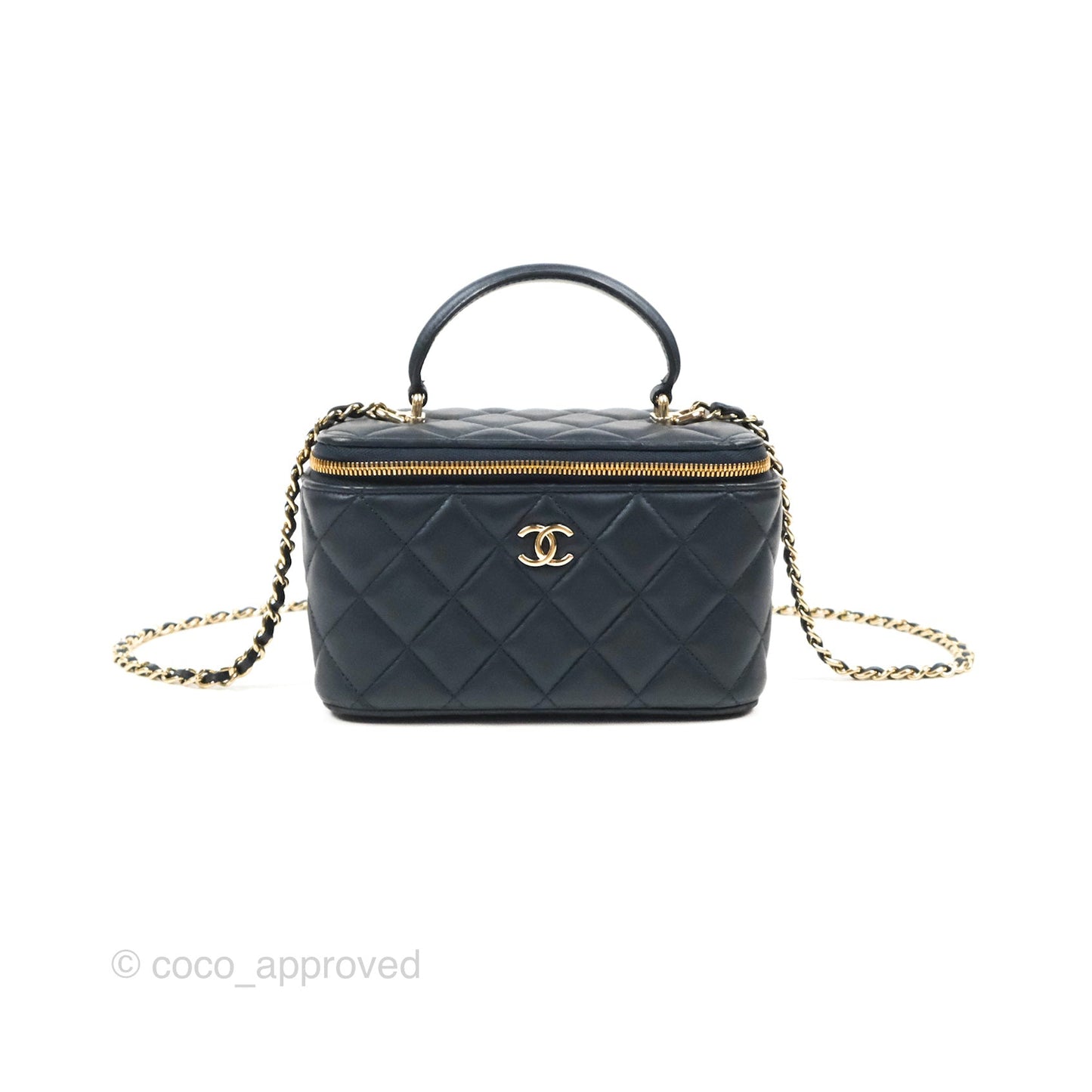 Chanel Vanity Rectangular Top Handle Iridescent Navy Lambskin Gold Hardware