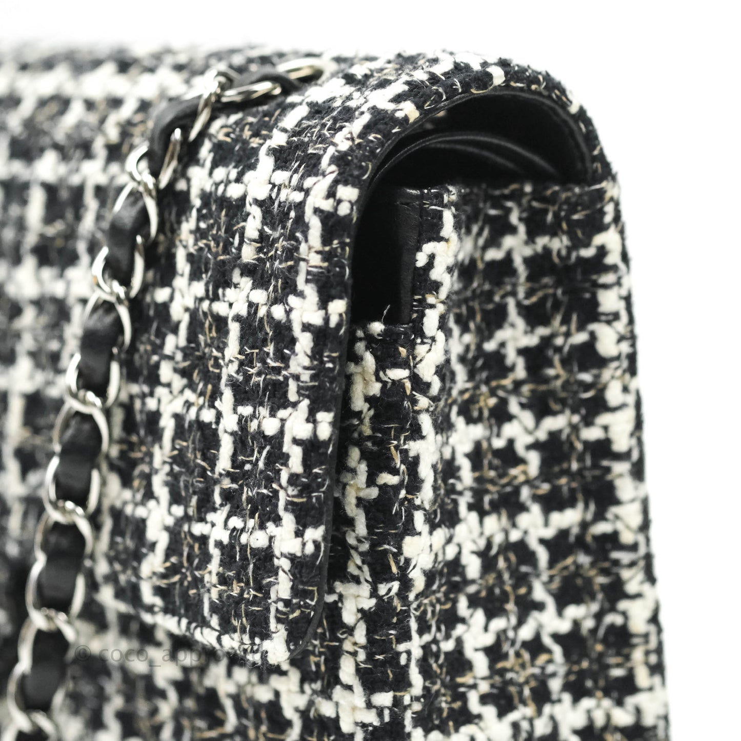 Chanel Classic M/L Medium Quilted Double Flap Bag Lambskin Tweed Black & White Silver Hardware
