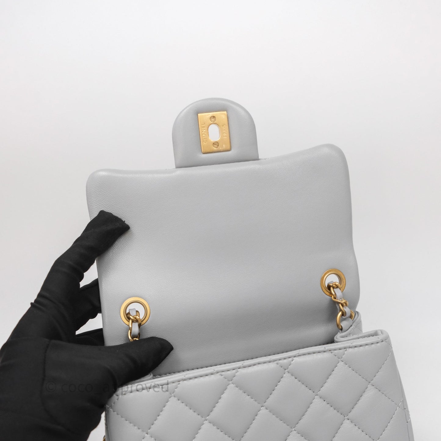 Chanel Pearl Crush Mini Square Quilted Grey Lambskin Aged Gold Hardware